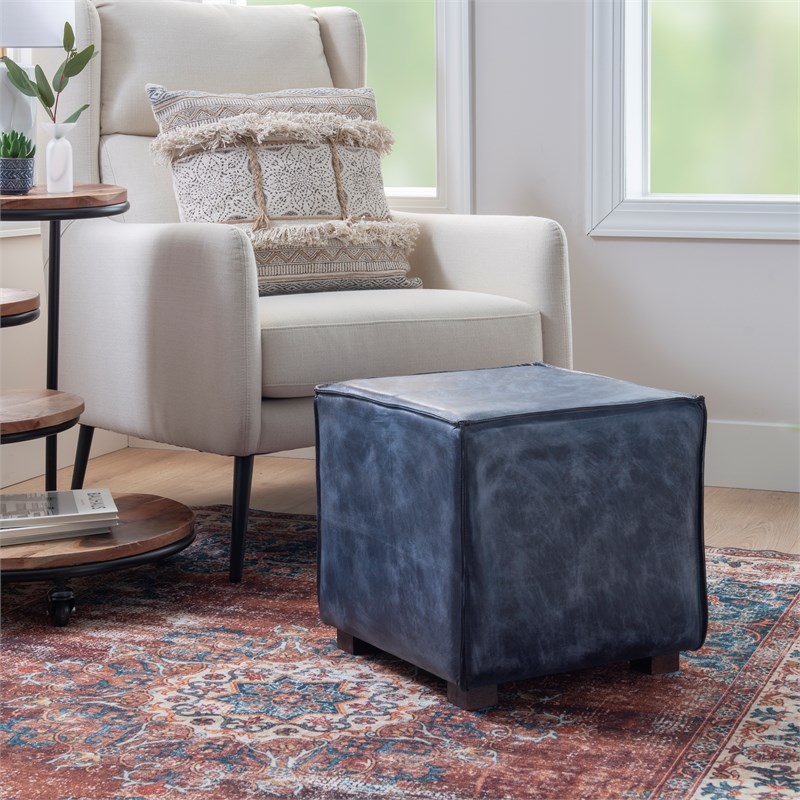 Linon Merit Leather and Wood Ottoman in Blue