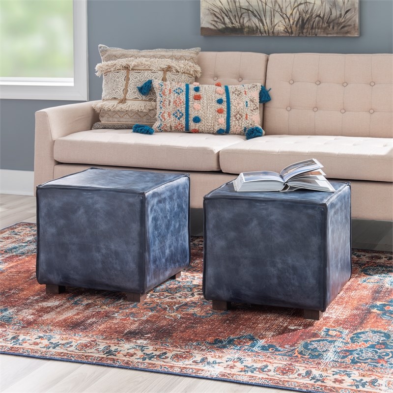 Linon Merit Leather and Wood Ottoman in Blue
