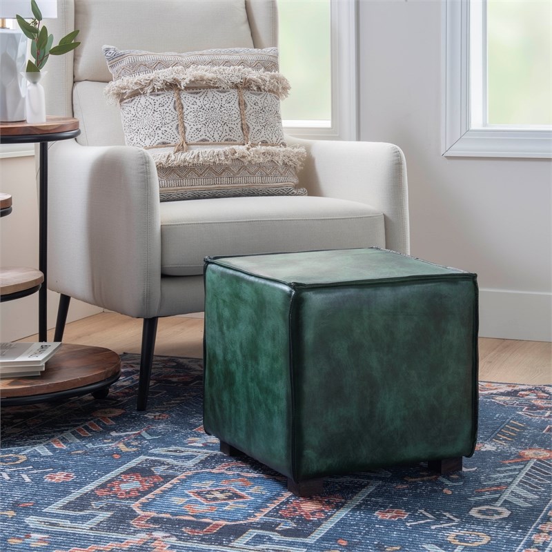 Linon Merit Leather and Wood Ottoman in Green