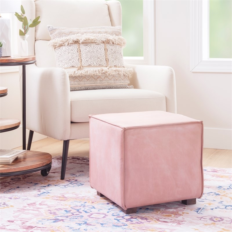 Linon Merit Leather and Wood Ottoman in Pink