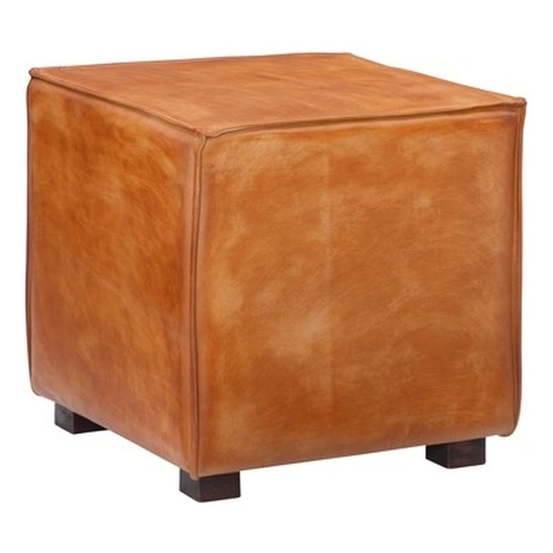 Linon Merit Leather and Wood Ottoman in Tan Brown