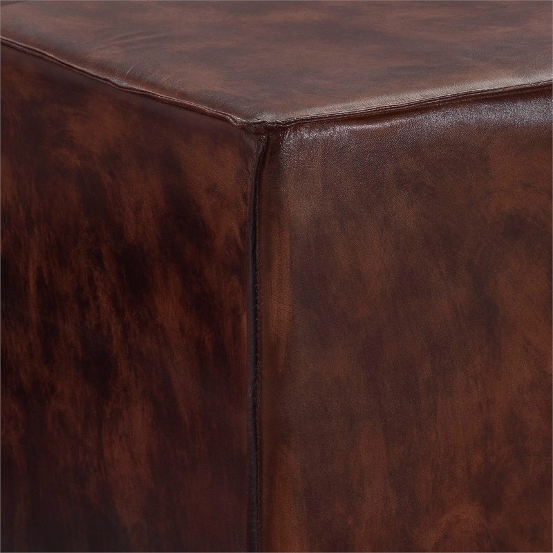 Linon Merit Leather Upholstered Wood Ottoman in Rust Brown
