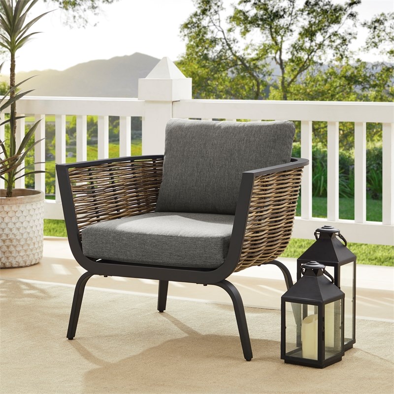Linon Hayes Aluminum and Wicker Set of Two Outdoor Chairs in Black and Natural