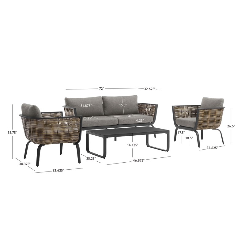 Linon Hayes Aluminum and Wicker Four Piece Outdoor Set in Black and Natural