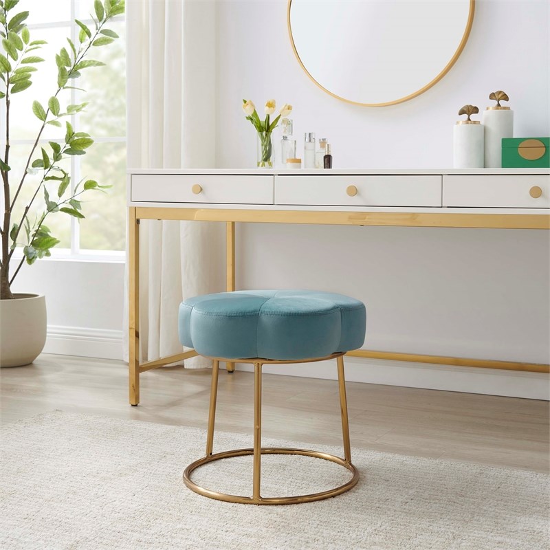 Linon Siena Metal Upholstered Stool Ottoman in Teal Blue