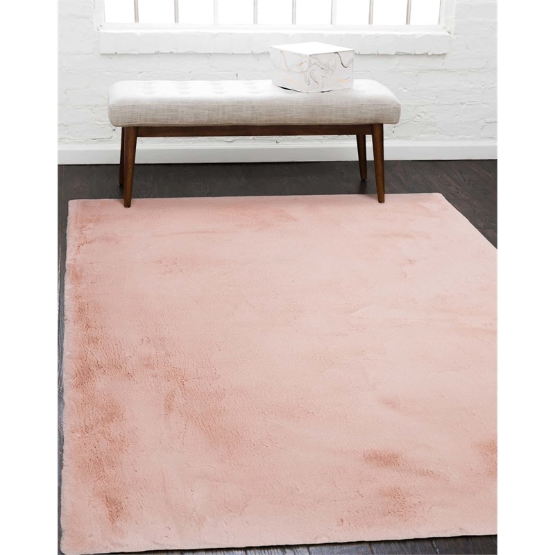 Linon Maven Faux Rabbit Polyester 5'x7' Area Rug in Pink