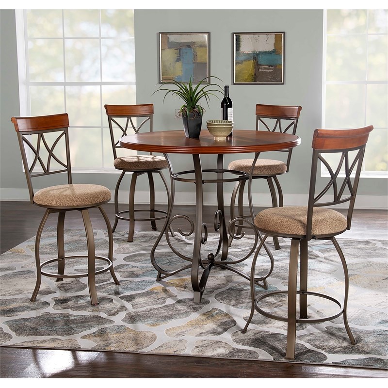 Linon Hamilton Five Piece Wood and Metal Dining Set in Pewter and Faux Cherry