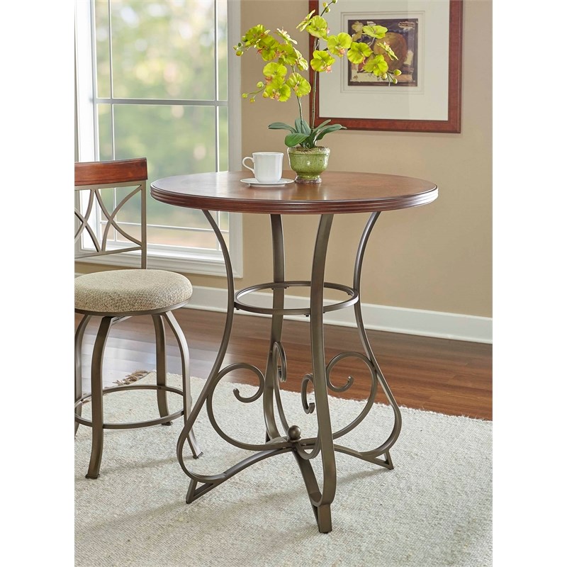 Linon Hamilton Wood and Metal Pub Table in Pewter and Faux Cherry