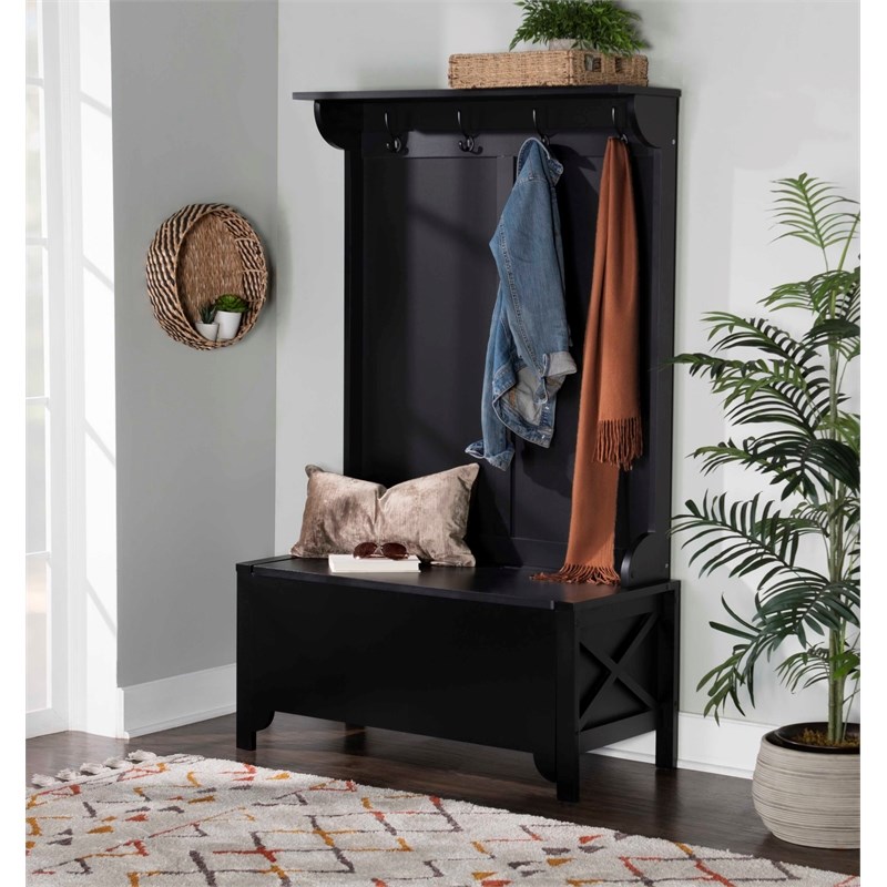 Linon Anna Wood Entryway Wide Hall Tree in Black | Homesquare