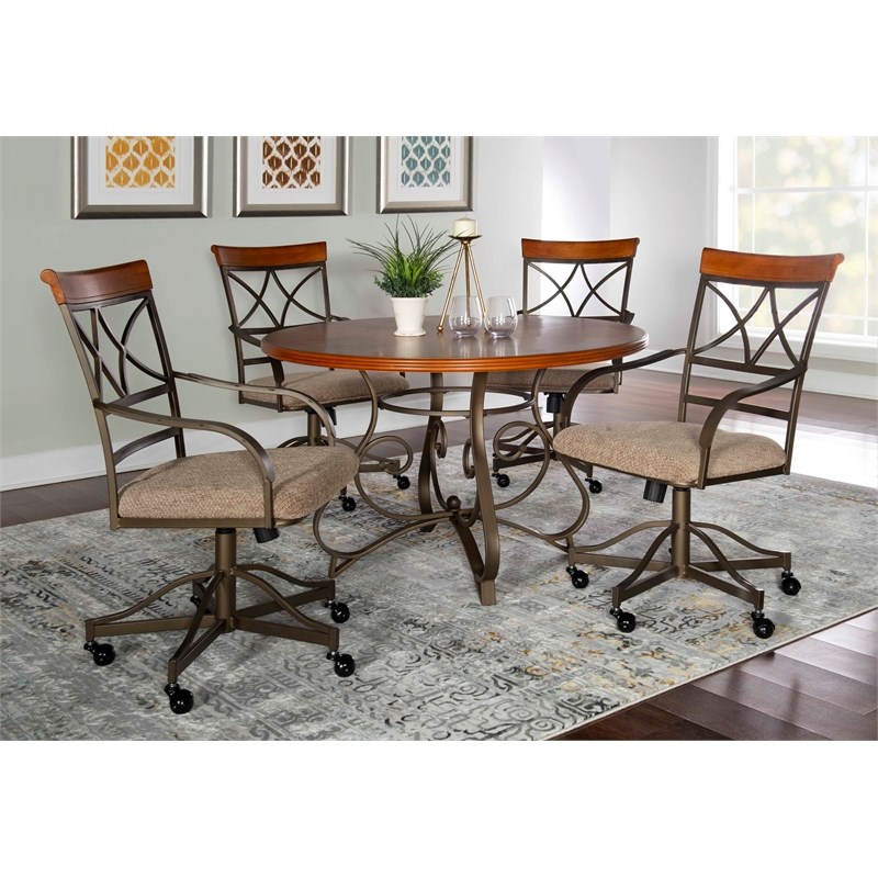 Linon Hamilton Five Piece Wood and Metal Swivel Dining Set in Cherry