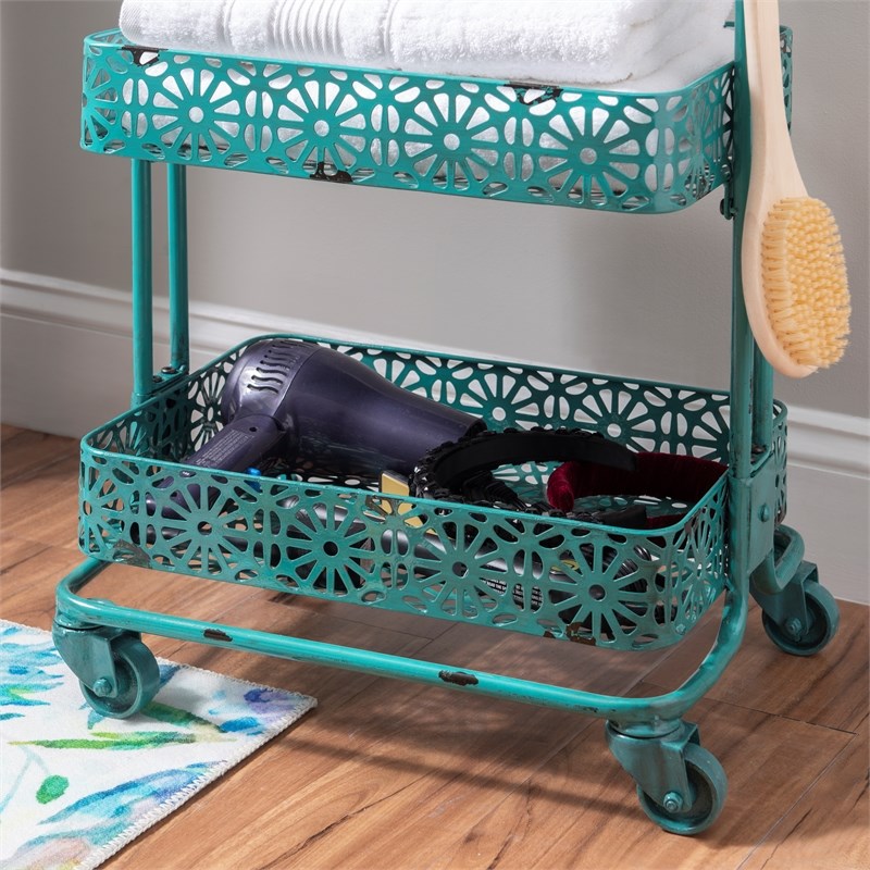 Linon Tempe Metal Three Tier Cart in Turquoise Blue