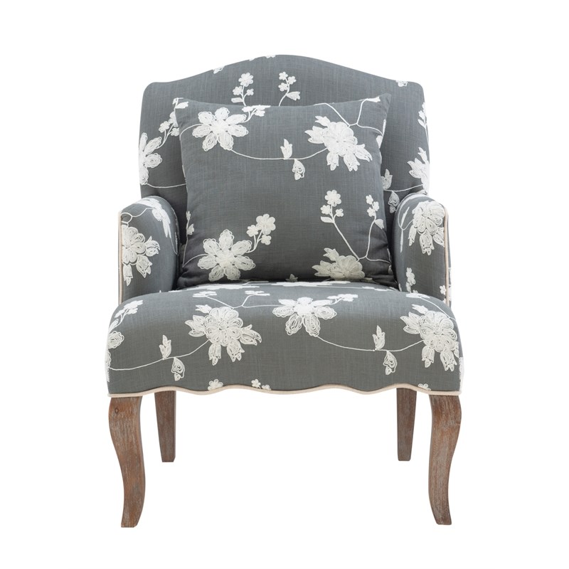 Linon Lauretta Floral Embroidered Arm Chair in Gray Homesquare