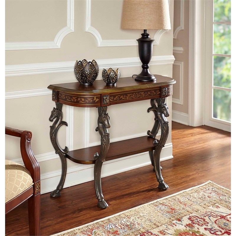Linon Masterpiece Floral Demilune Metal and Wood Console Table in Brown