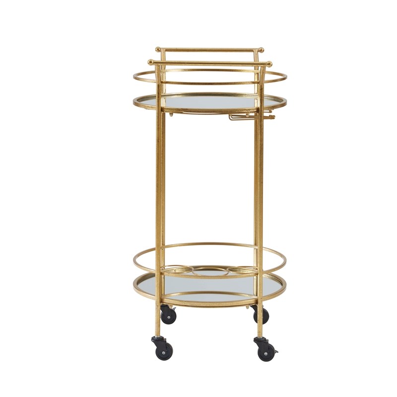 Linon Round Metal and Mirror Bar Cart in Gold