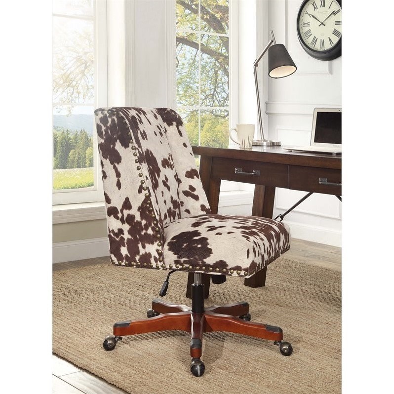 Linon Draper Wood Upholstered Office Chair in Brown Cow Print Homesquare