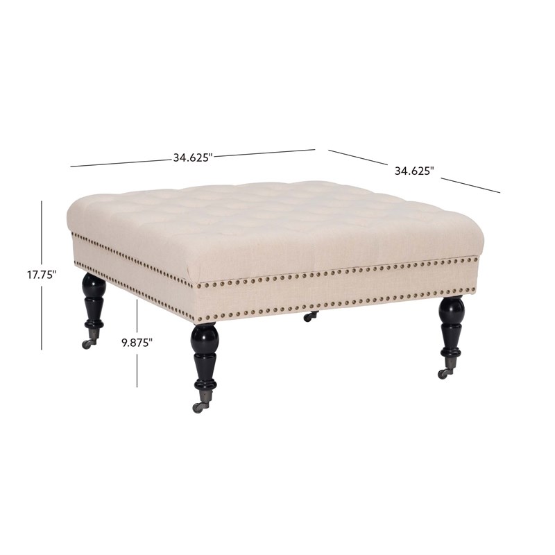Linon Isabelle Square Wood Upholstered Ottoman in Natural Beige