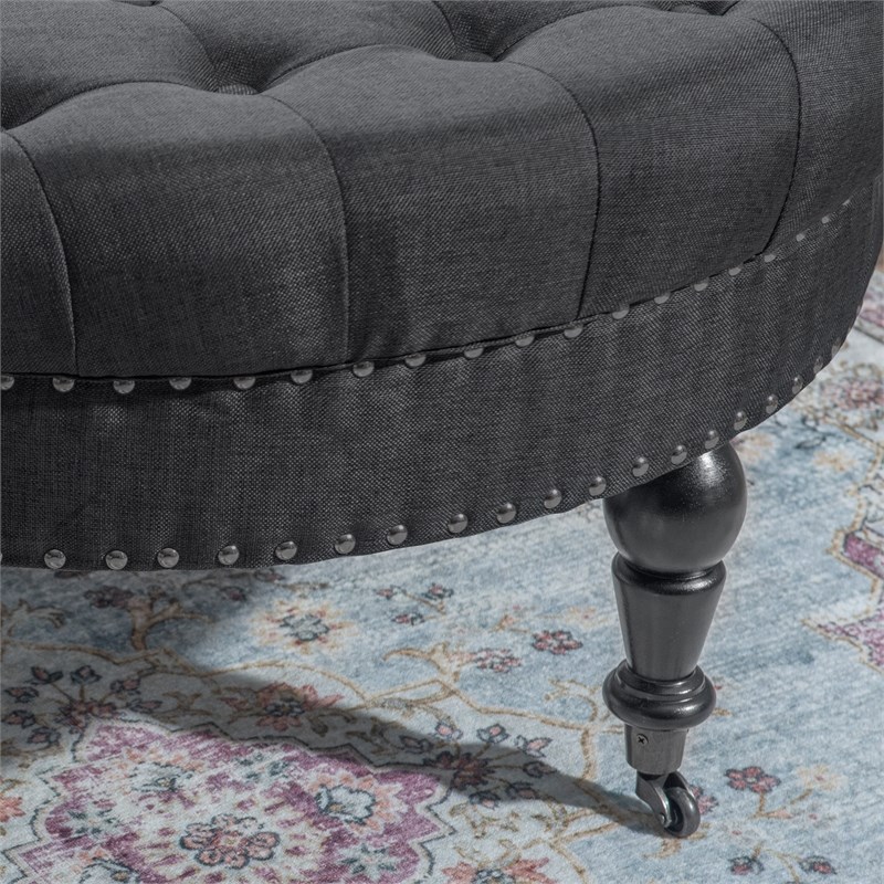 Linon Isabelle Round Wood Upholstered Ottoman in Charcoal Gray
