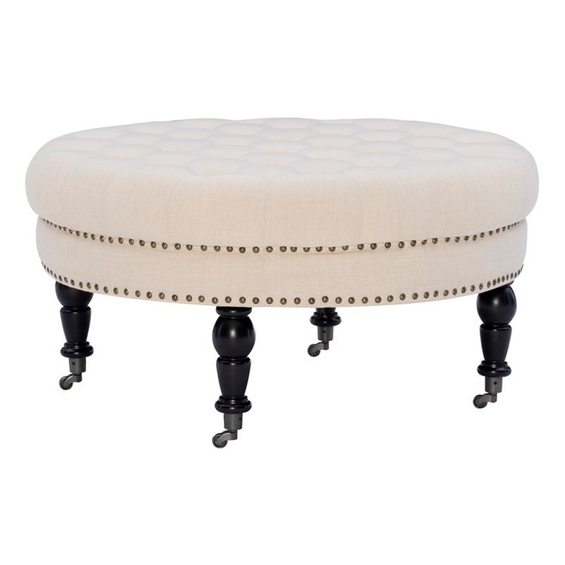 Linon Isabelle Round Wood Upholstered Ottoman in Natural Beige
