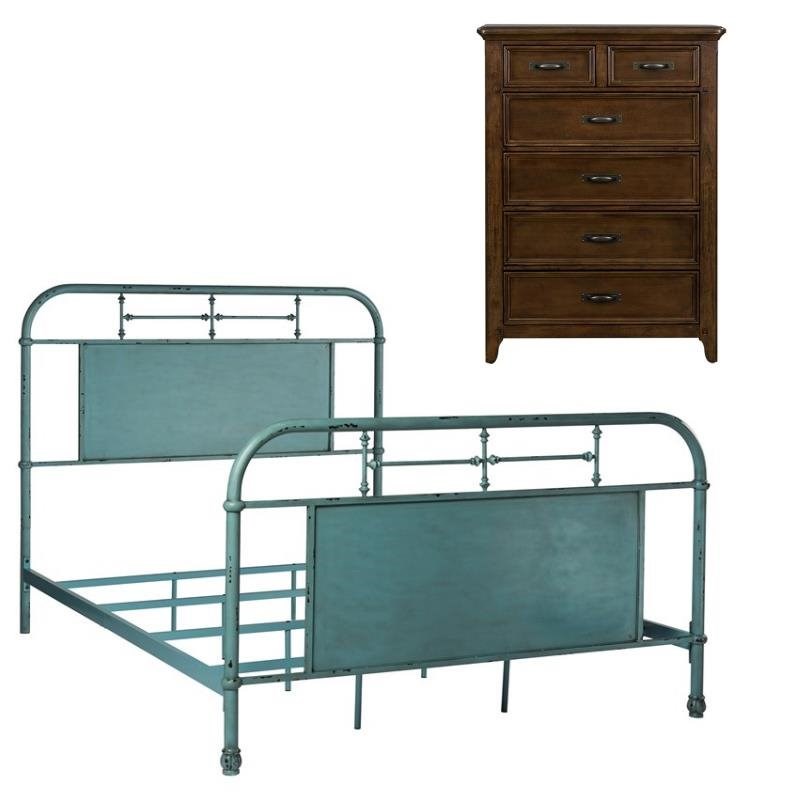2 Piece Bedroom Set with Queen Metal Bed and 5 Drawer Chest