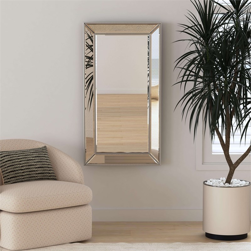 Silver Beaded Framed Leaning Wall Mirror in Engineered Wood