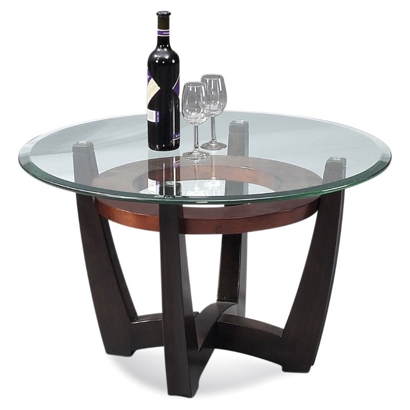 Elation Glass Top Round Wood Cocktail Table in Rich Cappuccino