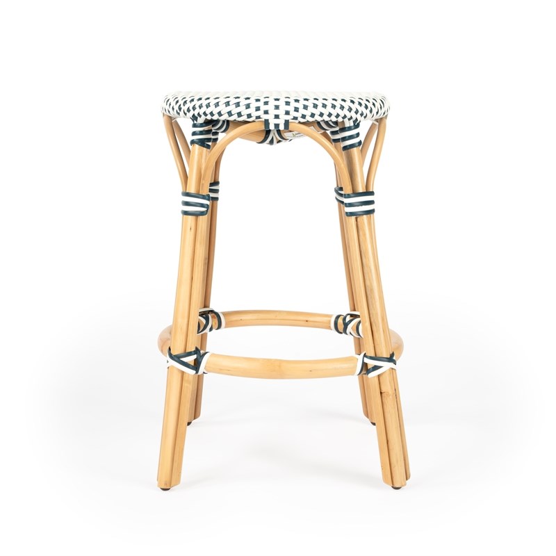 navy and white rattan bar stools