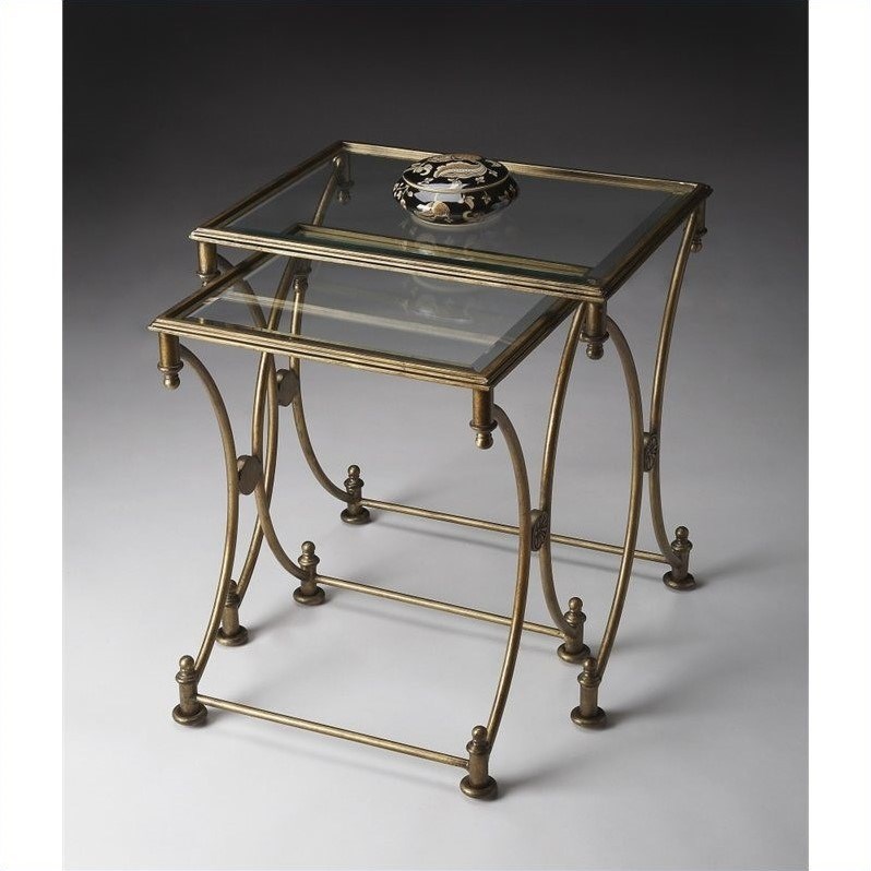 butler specialty 2 piece glass top nesting table set in antique gold