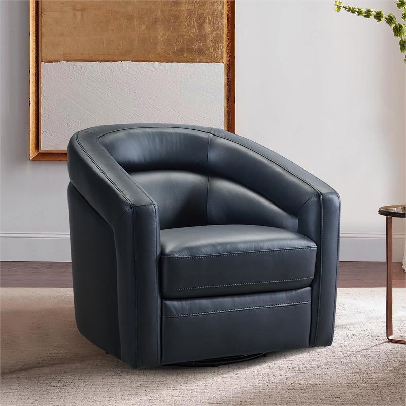armen living caras genuine leather swivel accent chair in black