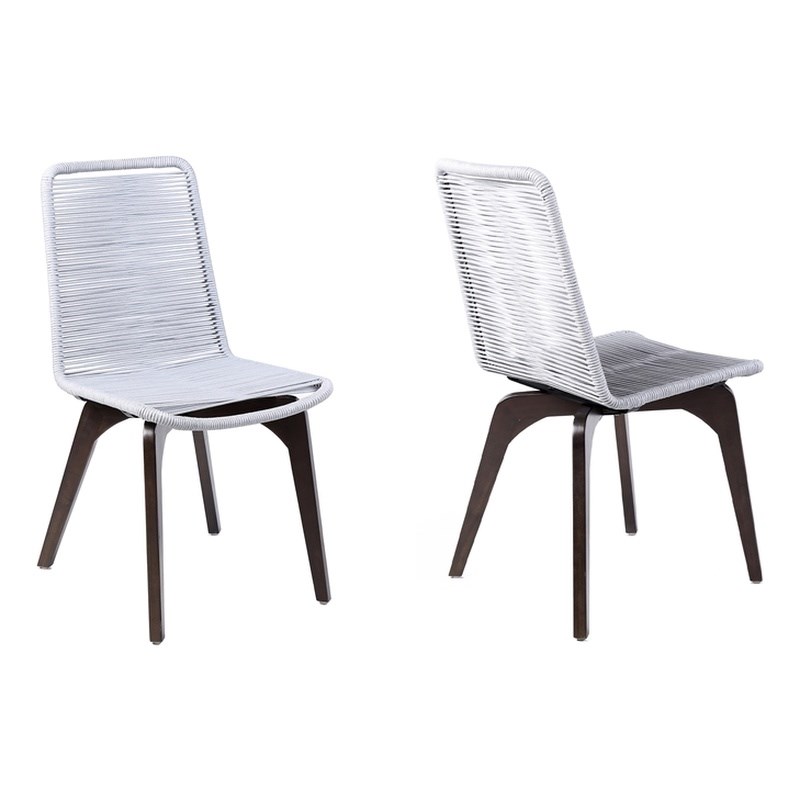 Island Outdoor Patio Silver Rope and Dark Eucalyptus Dining Chair Set of 2