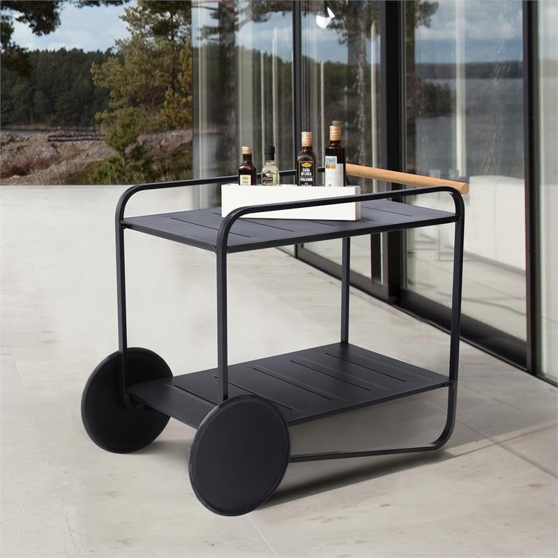 Portals Outdoor Accent Cart in Black Finish and Natural Teak Wood Accent