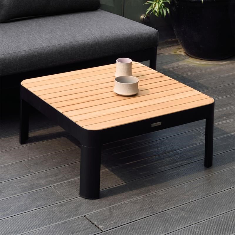 Portals Outdoor Square Coffee Table in Black Finish with Natural Teak Wood Top