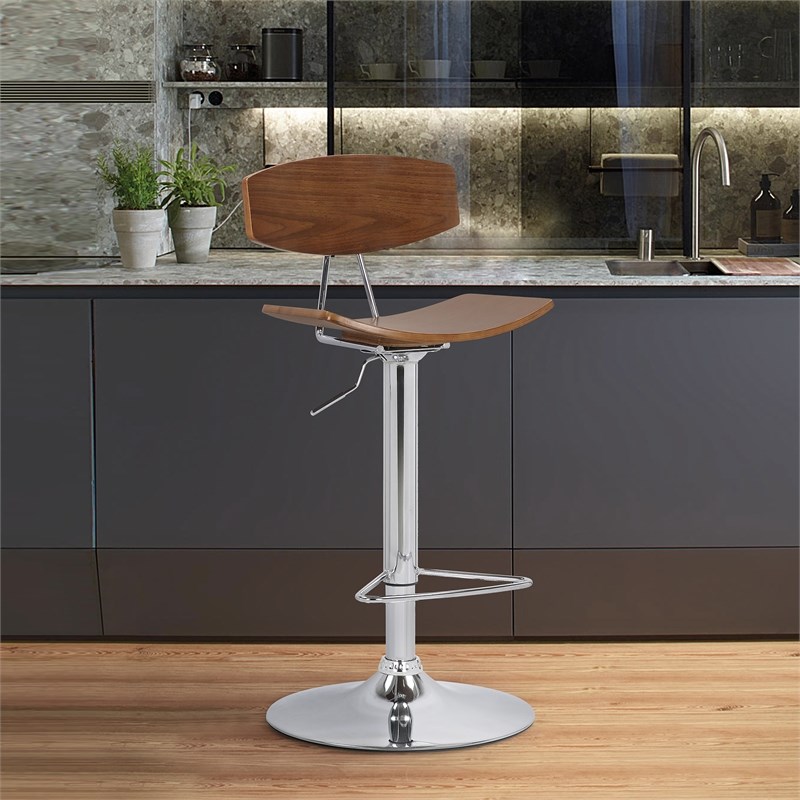 Jett Adjustable Walnut and Chrome Adjustable Bar and Counter Height Stool