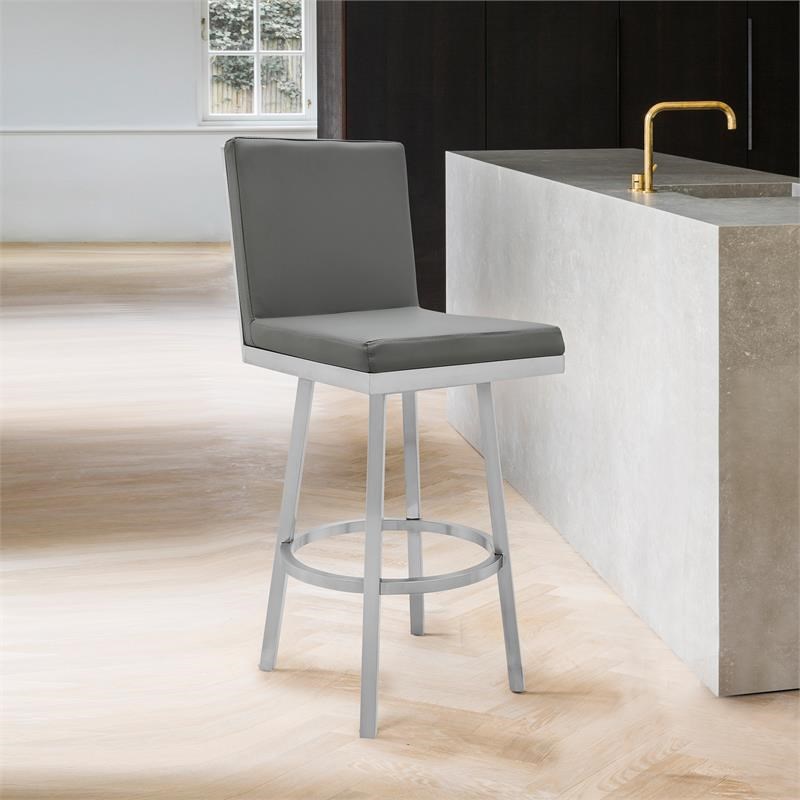 Rochester Swivel Metal and Grey Faux Leather Bar Stool