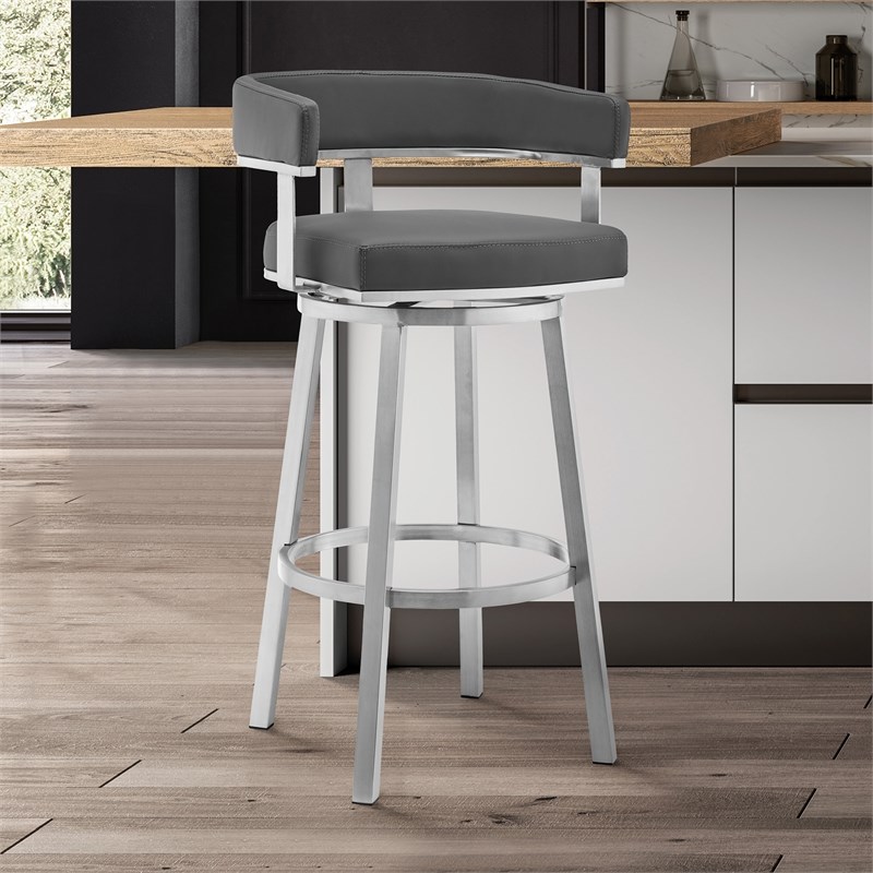 Cohen 26 Gray Faux Leather And Brushed Stainless Steel Swivel Bar Stool Homesquare 3016