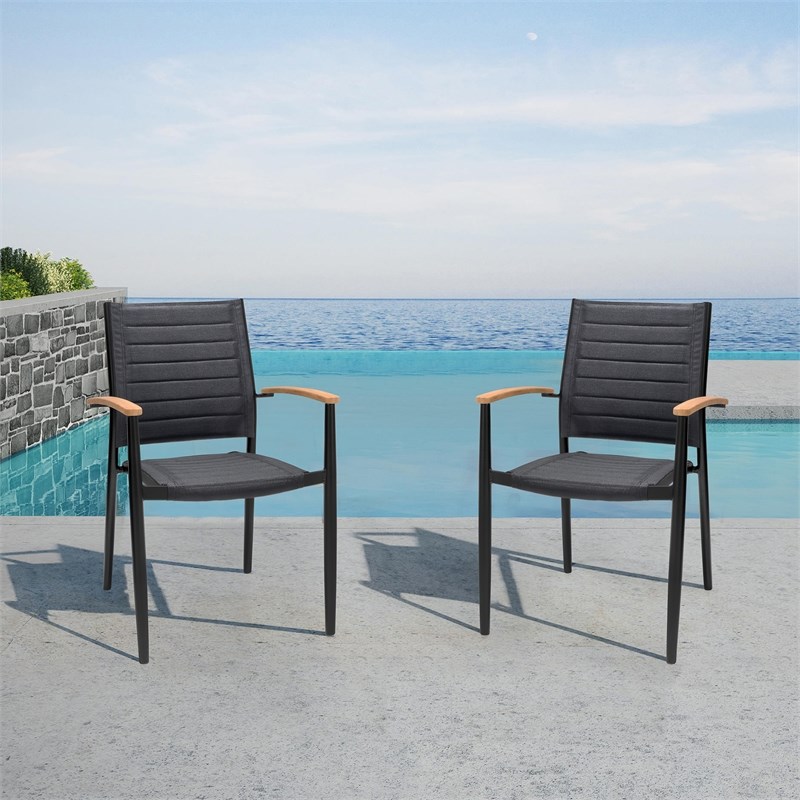 Portals Outdoor Black Aluminum Stacking Dining Chair with Teak Arms - Set of 2