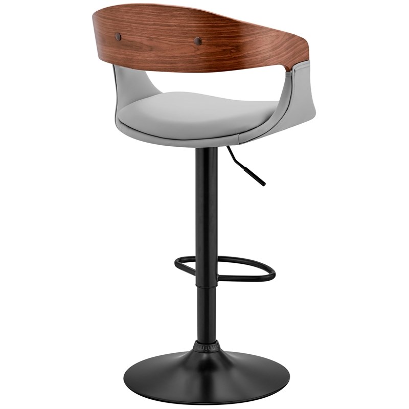 Benson Adjustable Gray Faux Leather and Walnut Wood Bar Stool with Black Base
