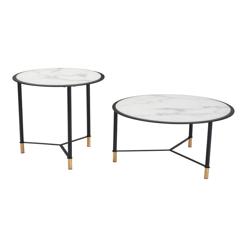 ZUO Davis Steel Metal and Tempered Glass Coffee Table Set in Black/White