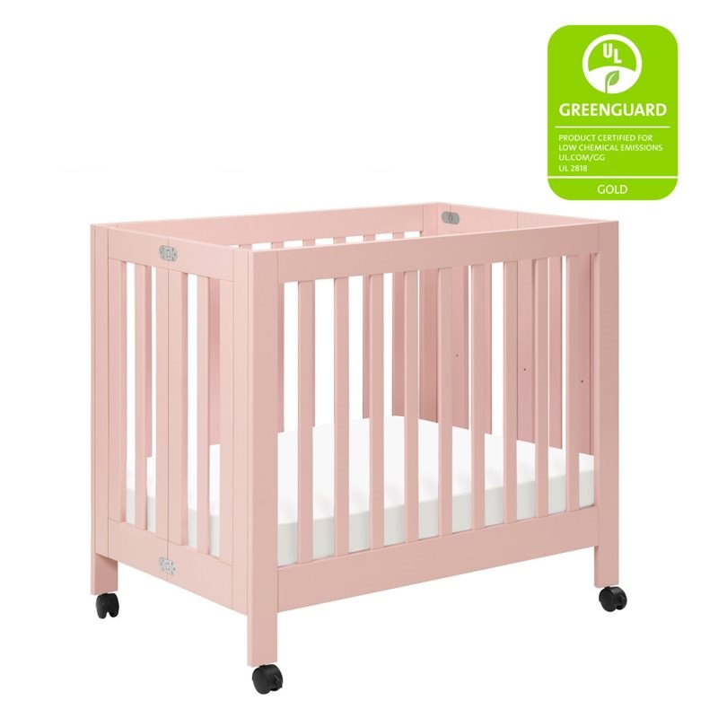 Babyletto Origami Portable Folding Mini Crib with Casters in Petal Pink