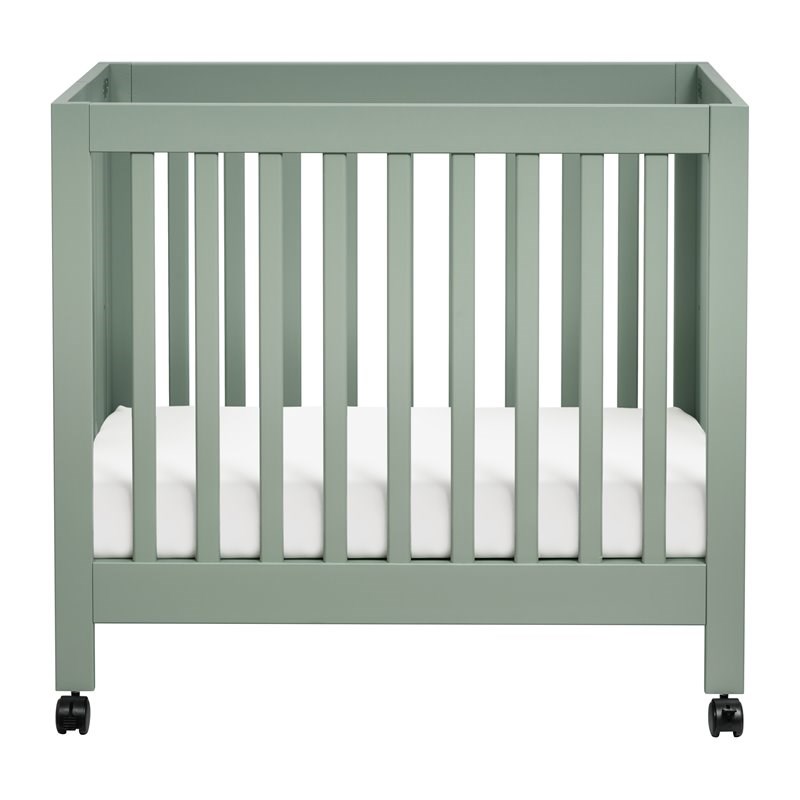 Babyletto Origami Pine Wood Portable Folding Mini Crib with Casters - Light Sage