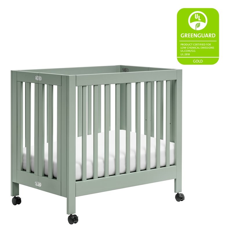 Babyletto Origami Pine Wood Portable Folding Mini Crib with Casters - Light Sage