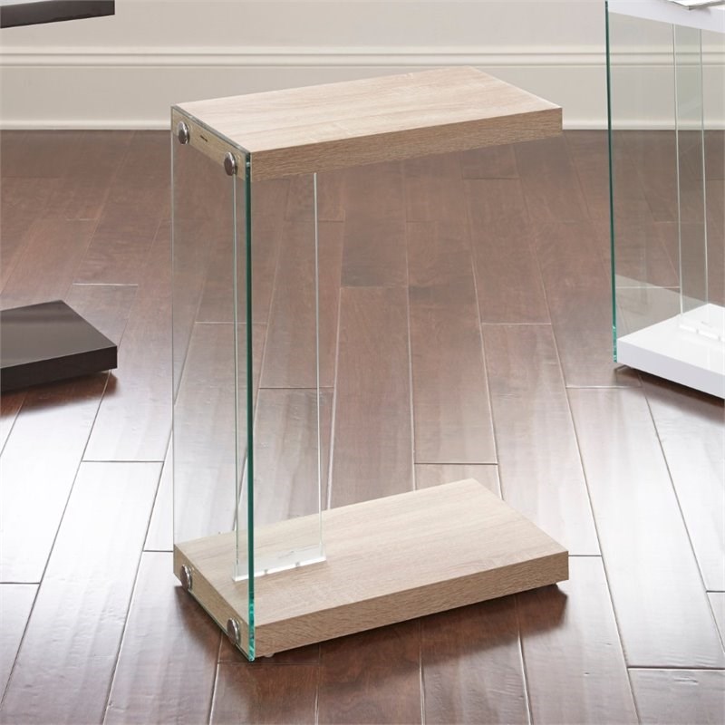 elaina chairside end table in light oak finish and tempered glass