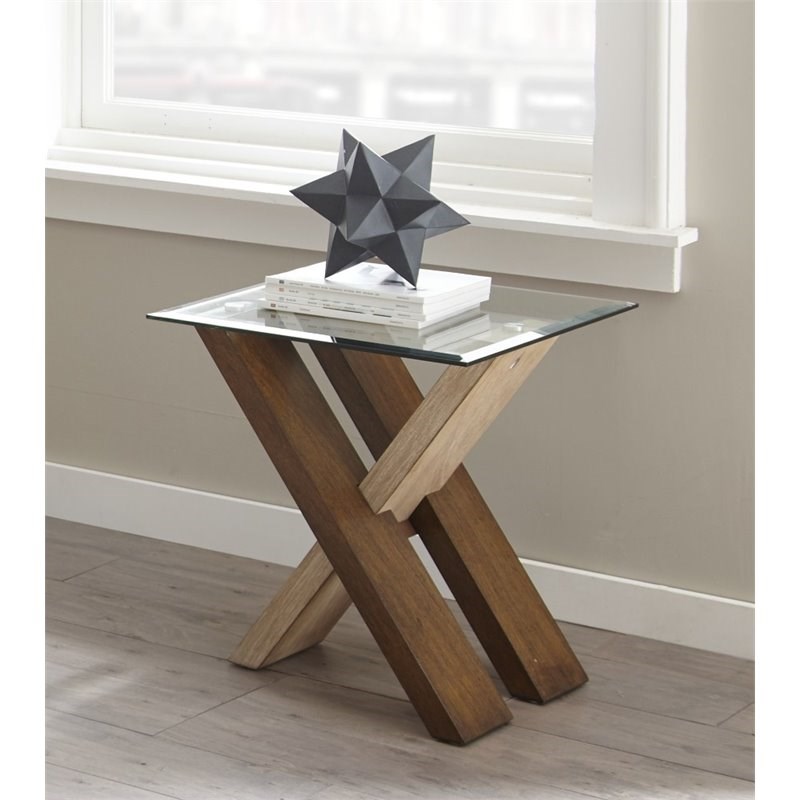 Tasha Square Glass Top End Table with Natural and Cherry base Homesquare