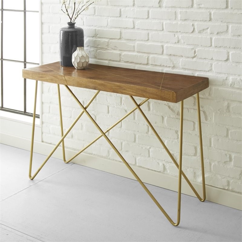 Walter Console Table in Warm Brown Pine and Brass
