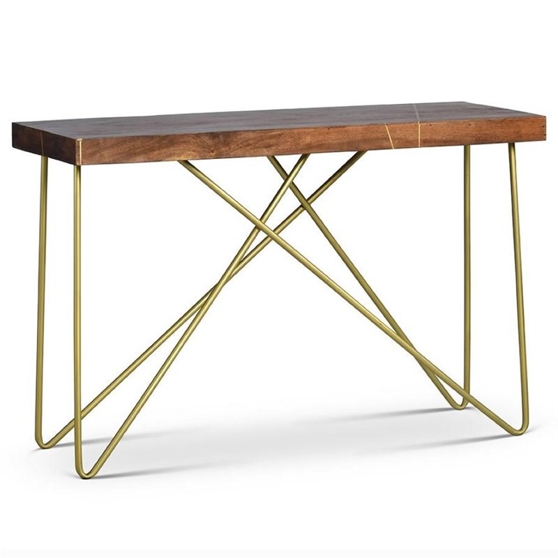 Walter Console Table in Warm Brown Pine and Brass