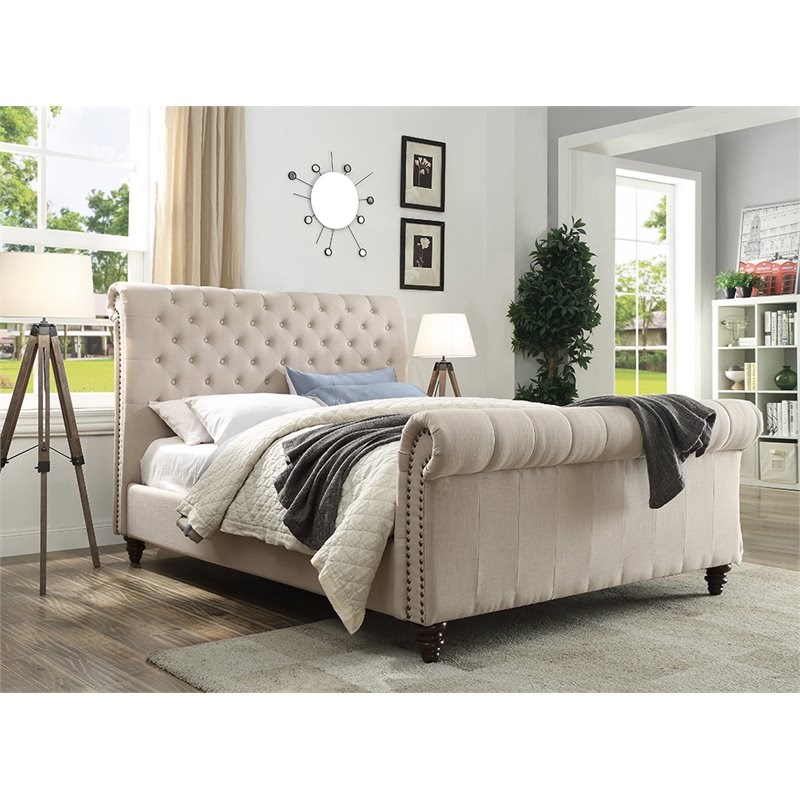 Swanson Tufted King Sleigh Bed in Sand Beige upholstery Homesquare