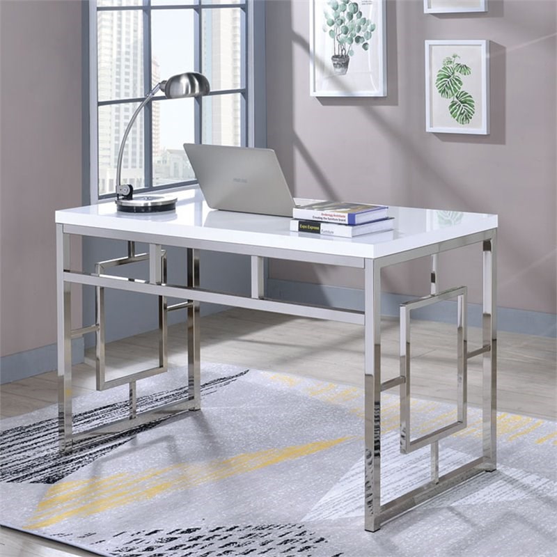 Steve Silver Alize Writing Desk in White and Chrome Metal Homesquare