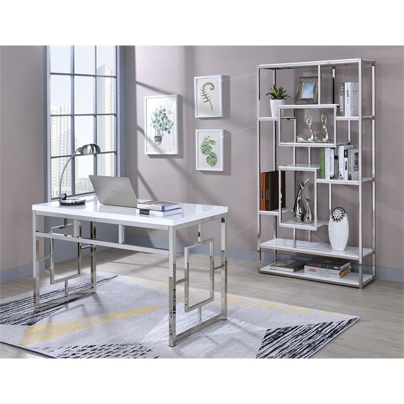Steve Silver Alize Writing Desk in White and Chrome Metal Homesquare