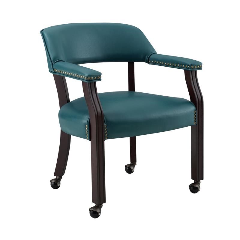 Tournament Teal Green Faux Leather  Arm Chair with Casters and Cherry finished