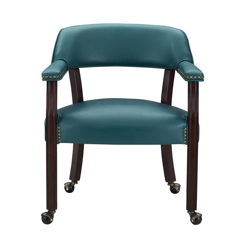 tournament teal green faux leather arm chair with casters and cherry