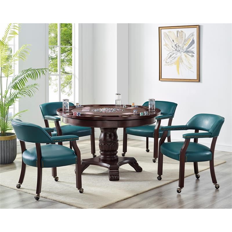 Tournament Teal Green Faux Leather  Arm Chair with Casters and Cherry finished